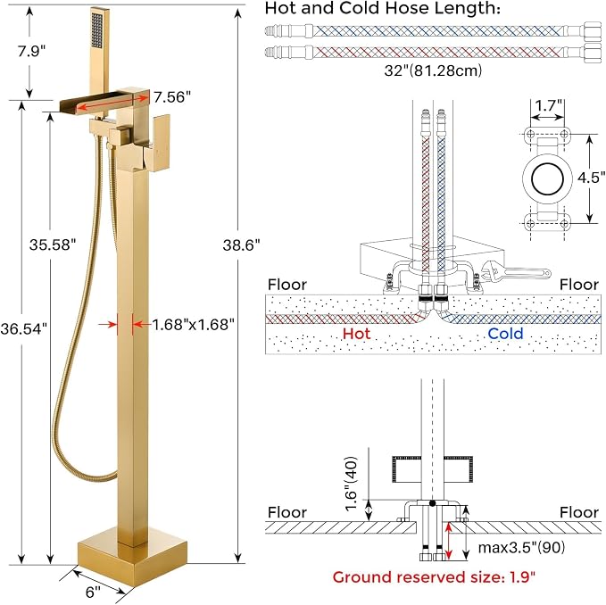 Freestanding Tub Faucet Brushed Gold: ALEASHA High Flow Max 6.74 GPM Free - Image 2