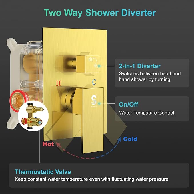 SR SUN RISE 12 Inch Brushed Gold Shower Faucet Set, Wall-Mount Adjustable - Image 7