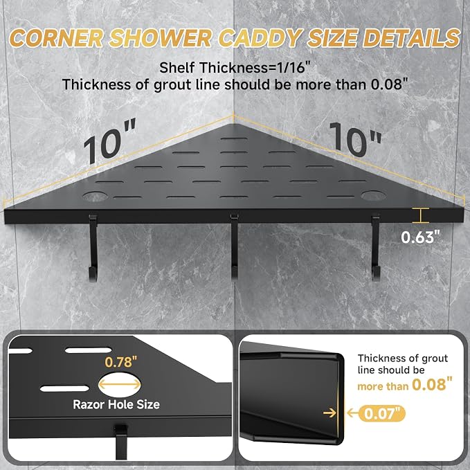 Corner Shower Shelf 10" Matte Black 304 Stainless Steel Recessed Shelf - Image 2