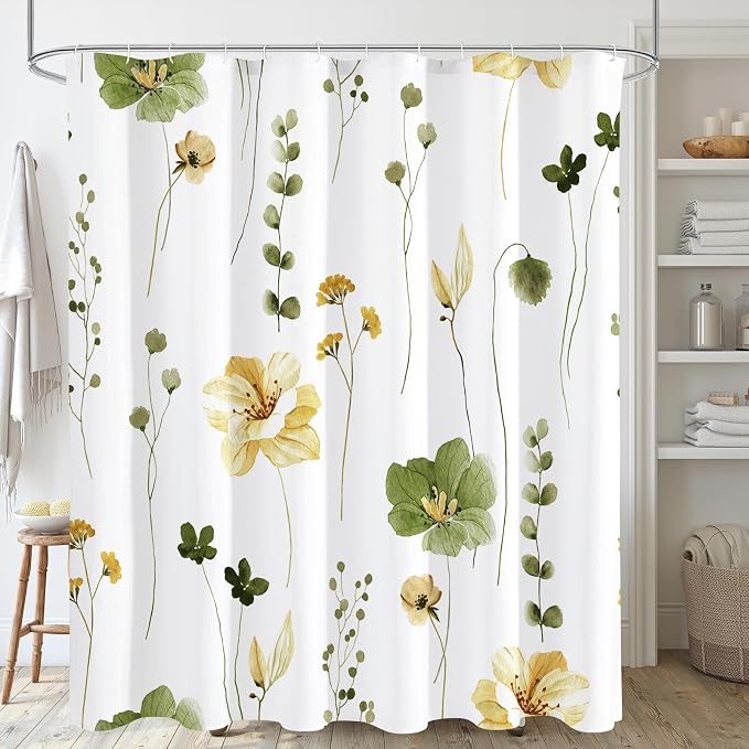 Gibelle Watercolor Floral Shower Curtain, Olive Green Beige Flower Shower by Gibelle