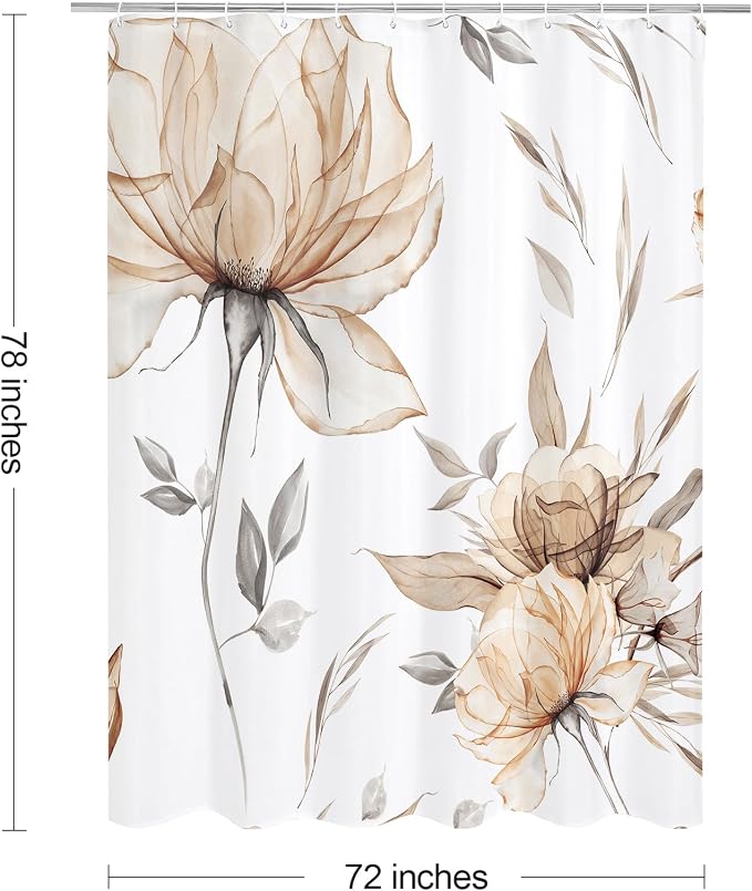 Long Boho Watercolor Floral Shower Curtain 72 x 78, Light Brown and Grey Ink - Image 6