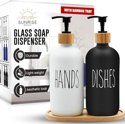 16 OZ Thick White & Black Glass Soap Dispenser, Bamboo Pump by SunrisePremium