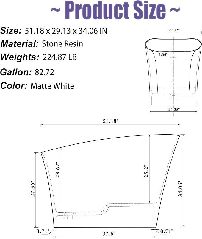51" Freestanding Solid Surface Resin Stone Bathtub, Modern Design Stand Alone - Image 4