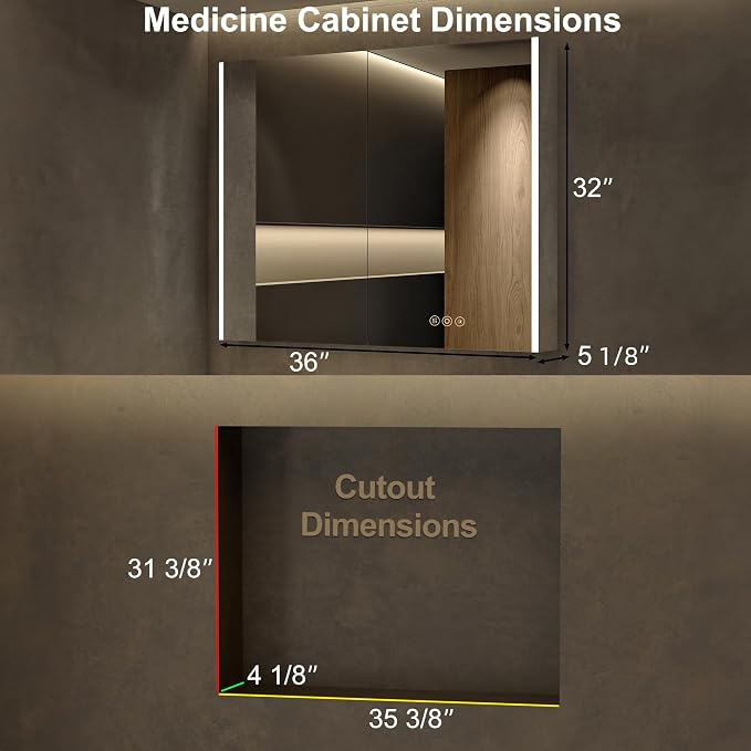 Medicine Cabinet with LED Lights and Mirror, 36 x 32 Inch Surface or Recessed - Image 2