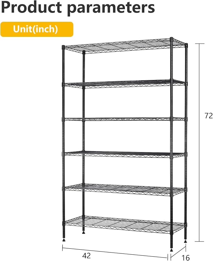 BestOffice | 6-Tier Wire Storage Shelves | 42x16x72 | Black | - Image 3