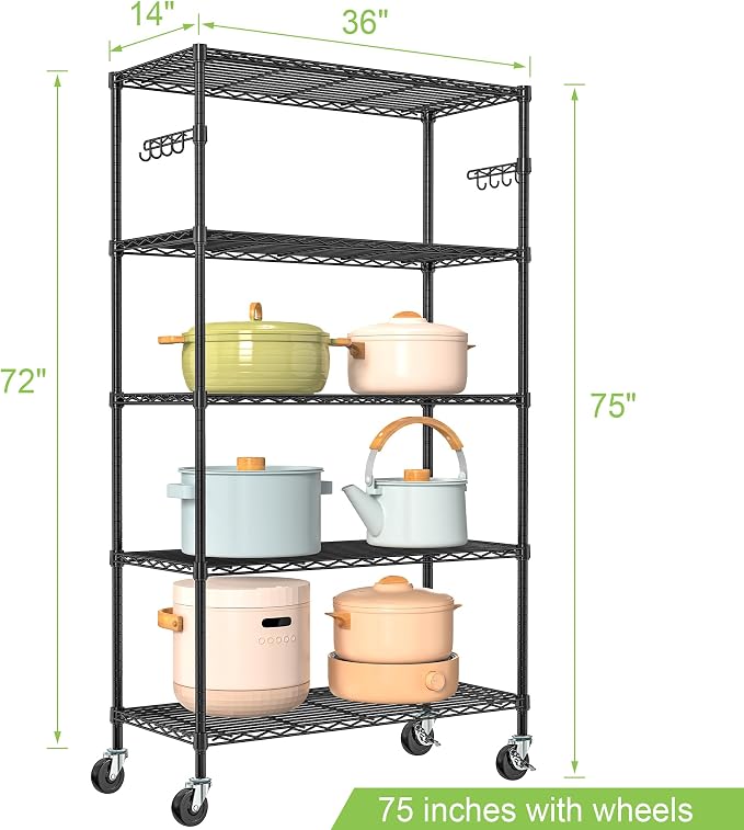 5 Tier Storage Shelves with Wheels Wire Rolling Garage Shelving Rack Organizer - Image 3
