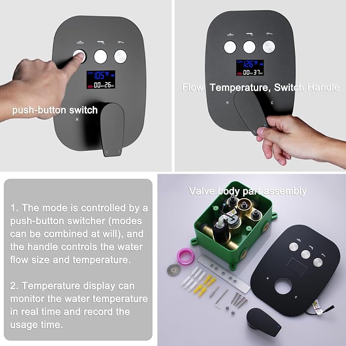 Matte Black Shower System Set Temperature Display Push Button Shower Faucet - Image 2