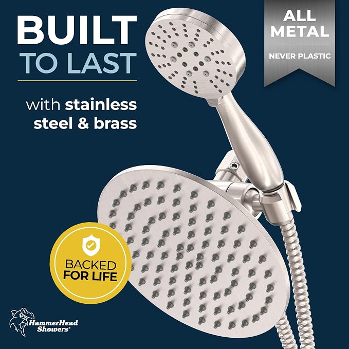 HammerHead Showers Dual Shower Head Combo, 8-Inch Rainfall & 3-Flow Handheld - Image 2
