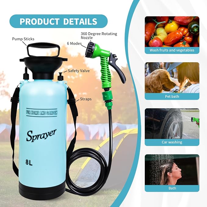 Portable Shower Blue 8L with 7 Spray Modes, Hand Press with Removable Hose and - Image 3