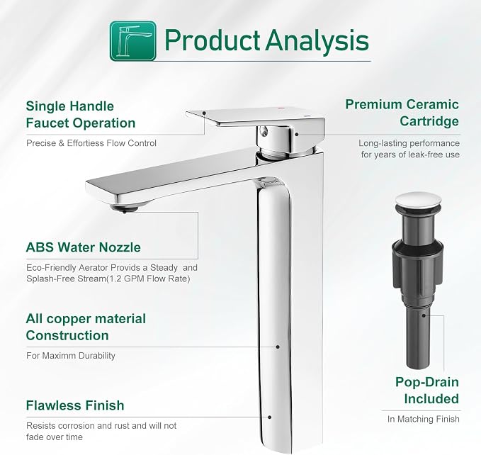 VOTON Vessel Sink Faucet Single Handle Tall Bathroom Sink Faucet Chrome - Image 5