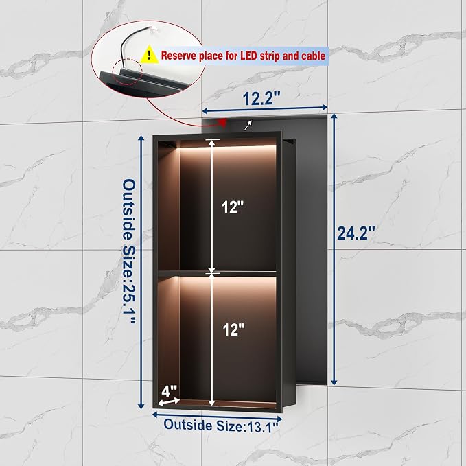 2-Tiers 12x24 Shower Niche, RGB LED Light Strips, Matte Black Wall Cabinet Shlef - Image 3