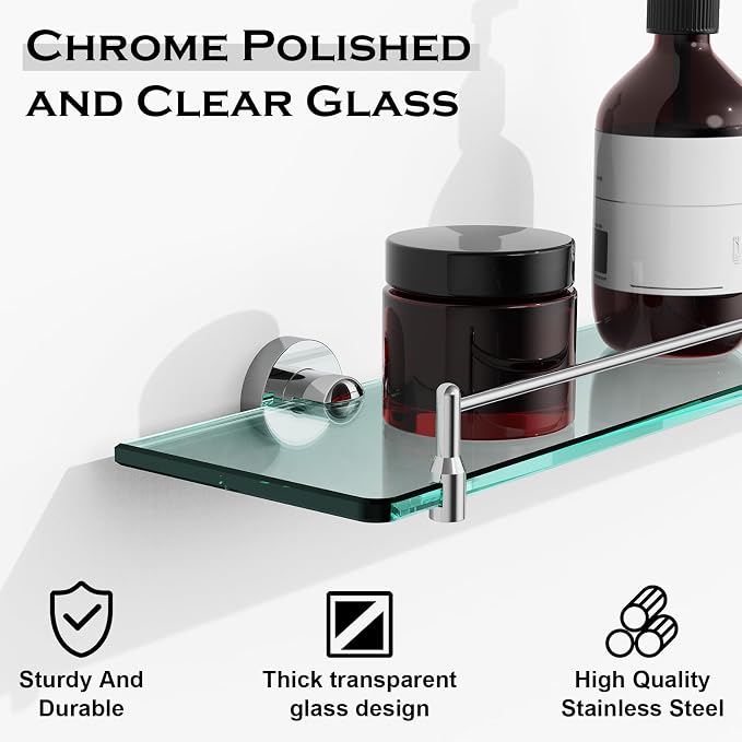 24 Inch Glass Bathroom Shelves, Chrome Polished Floating Shelves - Image 6