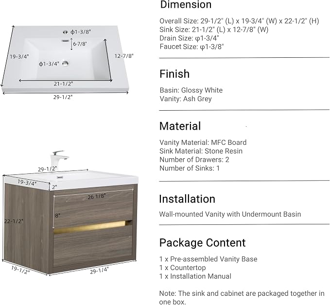 30" Wall-Mounted Bathroom Vanity - Image 2