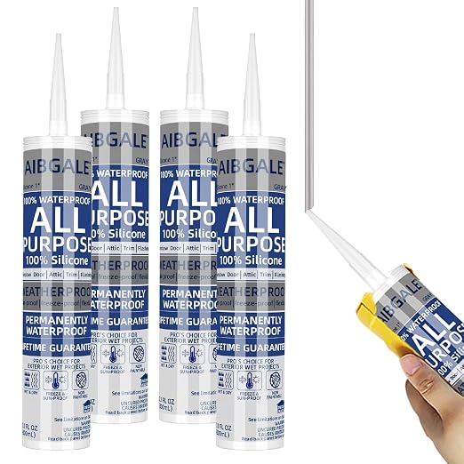 4 Packs Gray Silicone Sealant, All-Purpose 100% Waterproof Silicone Caulk by AIBGALE