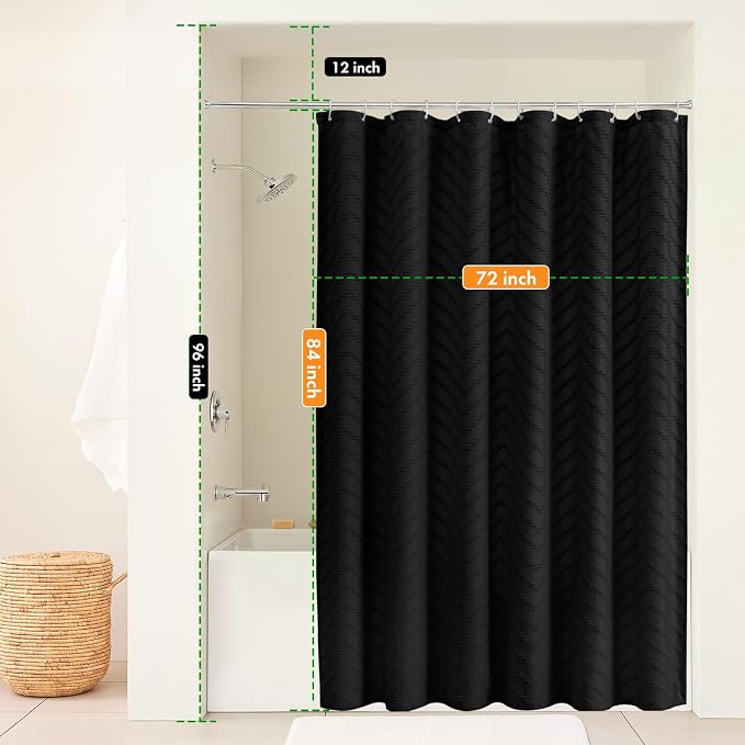 Extra Long Black Boho Shower Curtain 84 Inch Black Tufted Chevron Striped - Image 2