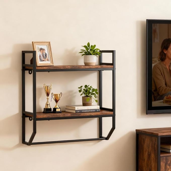 POWERSTONE 2-Tier Bathroom Towel Rack Industrial Wall Mounted Shelf - Image 4
