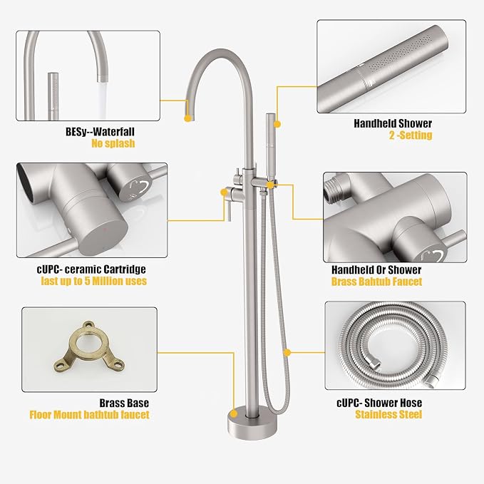 BESy Freestanding Bathtub Faucet Tub Filler Free Standing Floor Mount Stand - Image 3