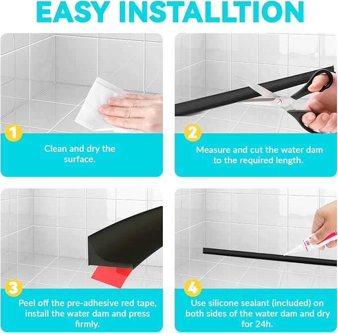 Shower Threshold Water Dam Barrier 98", Silicone Sealant Included, Collapsible - Image 7