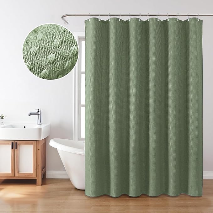 Inhousolu Fabric Shower Curtain Waffle Weave, Sage Green 230 GSM Heavy Duty - Image 7
