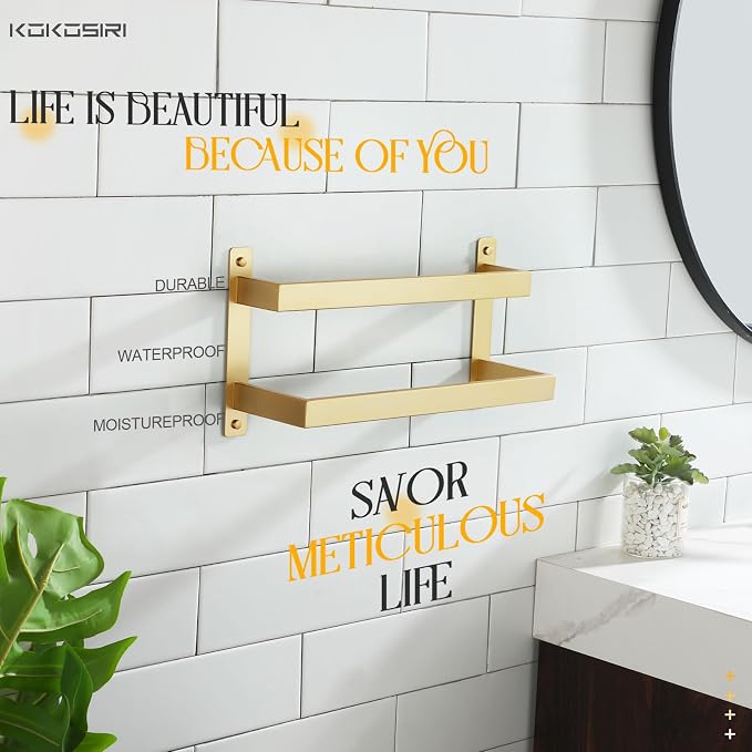 KOKOSIRI 16'' Towel Bars Bathroom 2-Tiers Ladder Brushed Gold Towel Rails Towel - Image 7