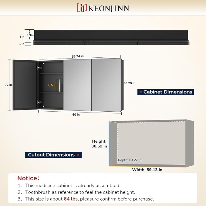 Keonjinn 60 x 32 Inch Large Chrome Medicine Cabinets, Recessed Bathroom - Image 2