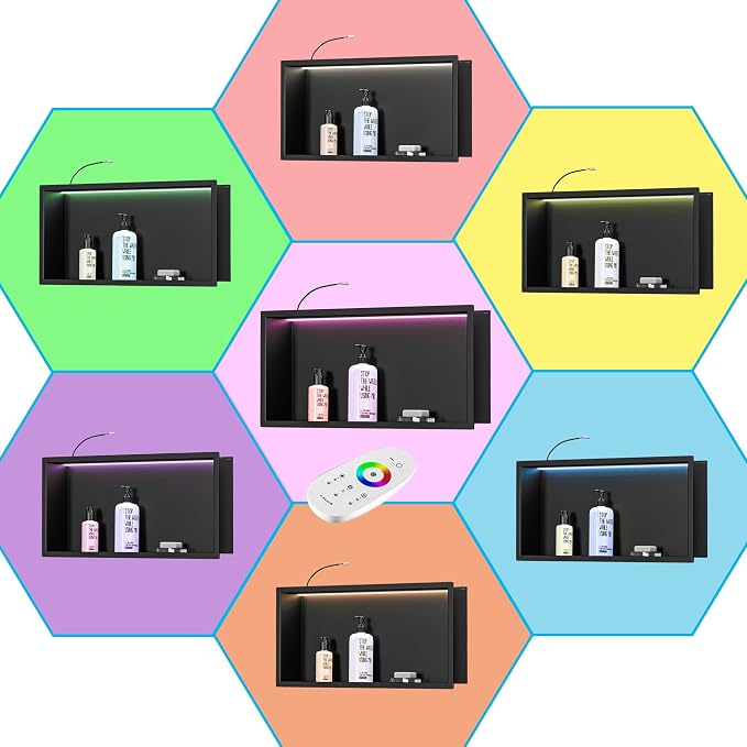 RGB LED Light Shower Niche, Matte Black 18X12 in Stainless Steel Recessed - Image 9