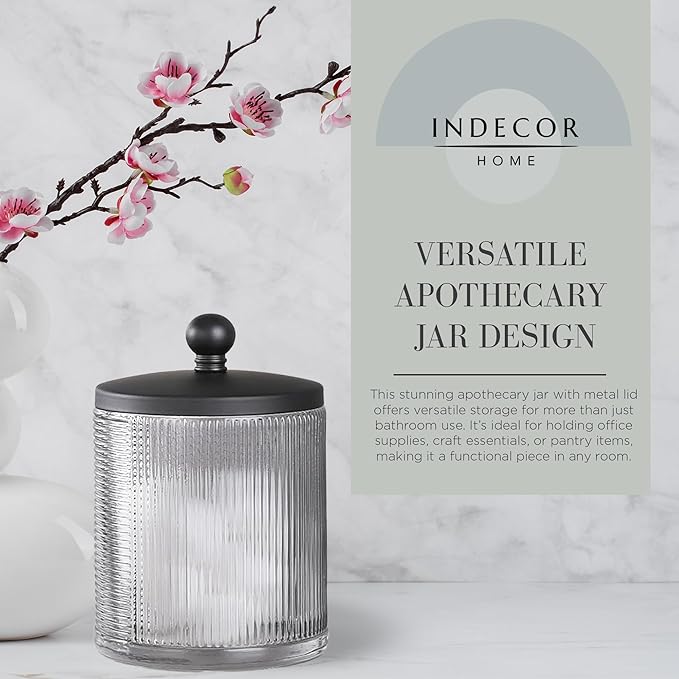 Gray Colored Tranlucent Apothecary Ribbed Geo Etched Glass Jar W/Matte Black - Image 4