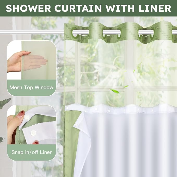 No Hook Shower Curtain and Snap in Liner Set Sage Green Tufted Chevron Striped - Image 3