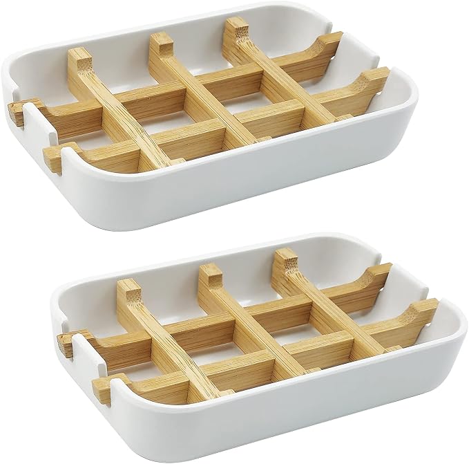 2 Pack Bamboo Soap Dish, Self-Draining Soap Box, Wooden Bamboo Bar Soap Holder by HengLiSam