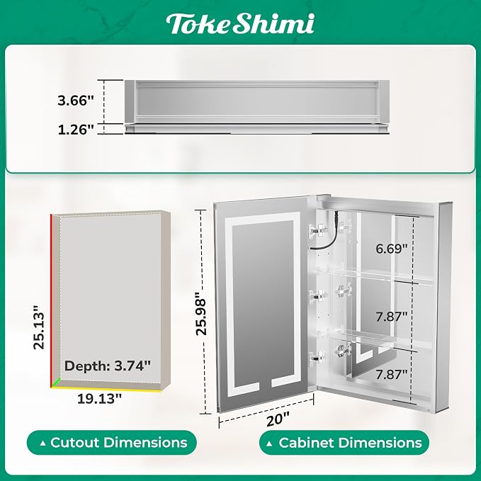 TokeShimi 20x26 Lighted Medicine Cabinet Mirrored Surface Mount 3 Color Dimmable - Image 2