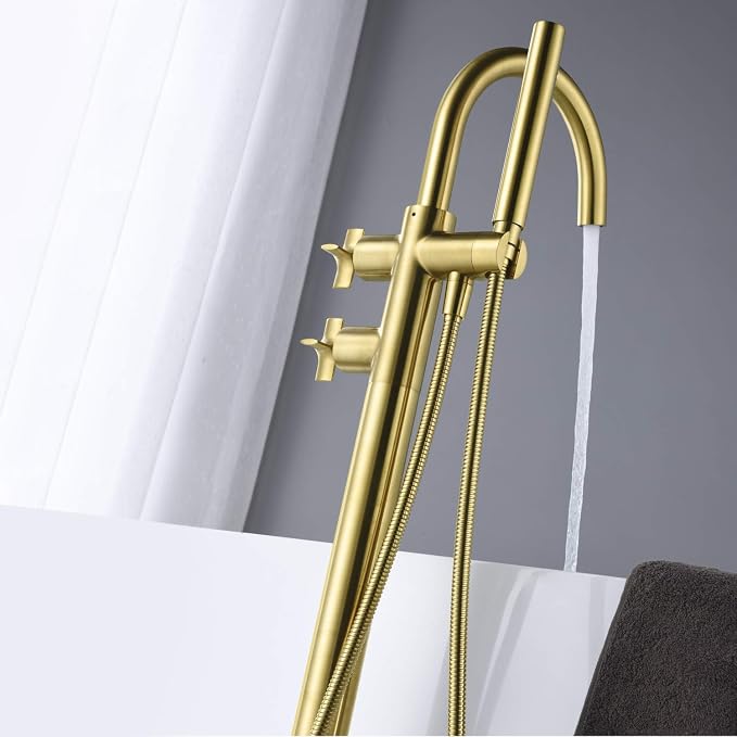 Freestanding Tub Filler Bathtub Faucet Brushed Gold Floor Mount Brass Bathroom - Image 4