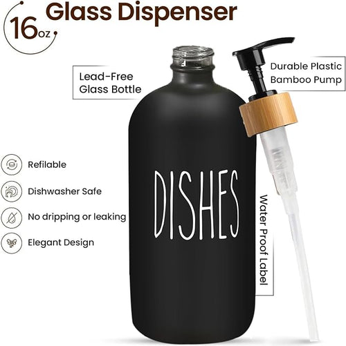 16 OZ Thick Black Glass Soap Dispenser, Bamboo Pump - Image 2