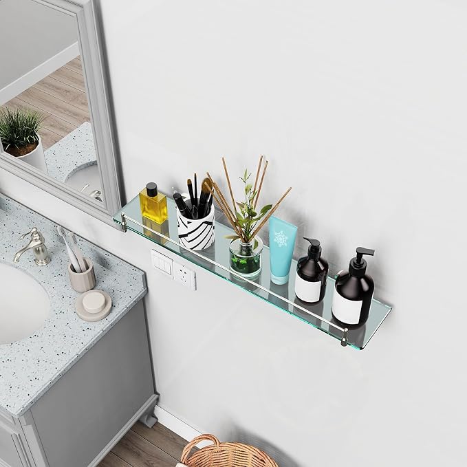 24 Inch Glass Bathroom Shelves, Brushed Nickel Floating Shelves - Image 2