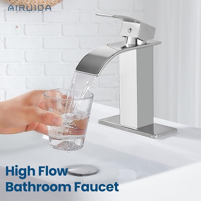 Airuida Chrome Polish Waterfall Spout Bathroom Faucet Single Handle Single Hole - Image 7