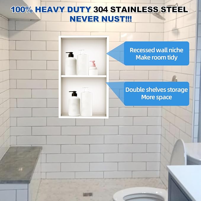 304 Stainless Steel Shower Niche Insert-Glossy White 24 x 12" No Tile Needed - Image 8