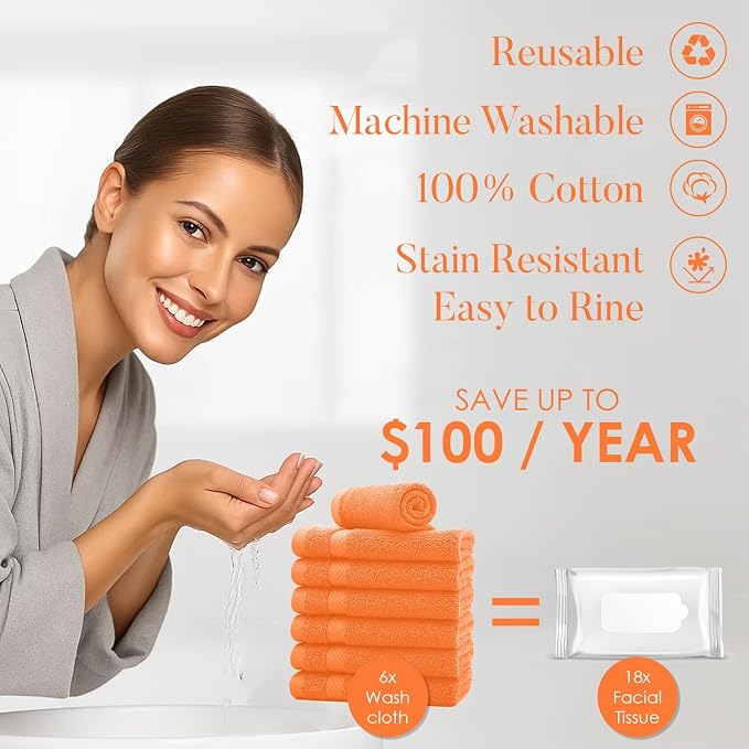 DAN RIVER 12-Pack Premium 100% Cotton Orange Face Towels – Reusable Face Towel - Image 3