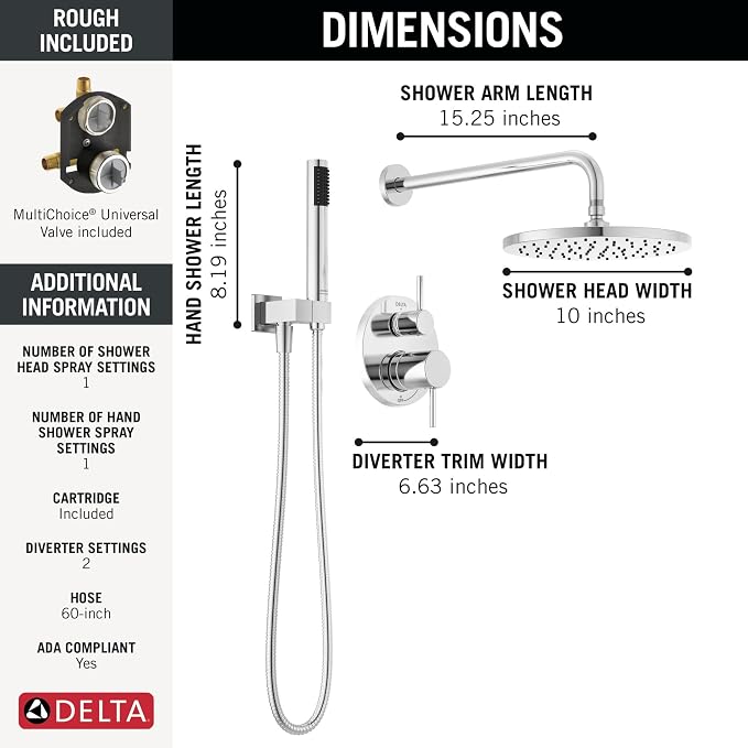 Delta Modern 14 Series Round Rain Shower System Faucet Set, Rainfall Chrome - Image 3