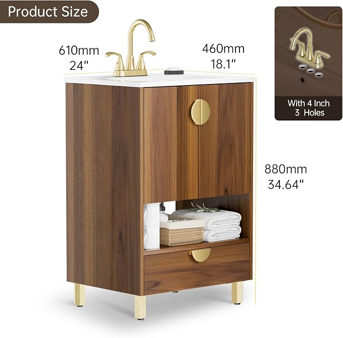 phiestina Walnut 24 Inch Bathroom Vanity, Fully Pre-Assembled Freestanding - Image 3