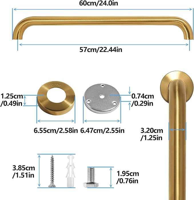 Shower Grab Bar, 2 Pack 24 Inch Gold Bathroom Safety Bar, 1.25" Diameter 304 - Image 2