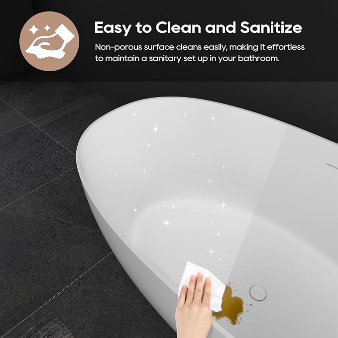 SJ STAR&JANE 59" Freestanding Solid Surface Bathtub, Oval Stone Resin Soaking - Image 5