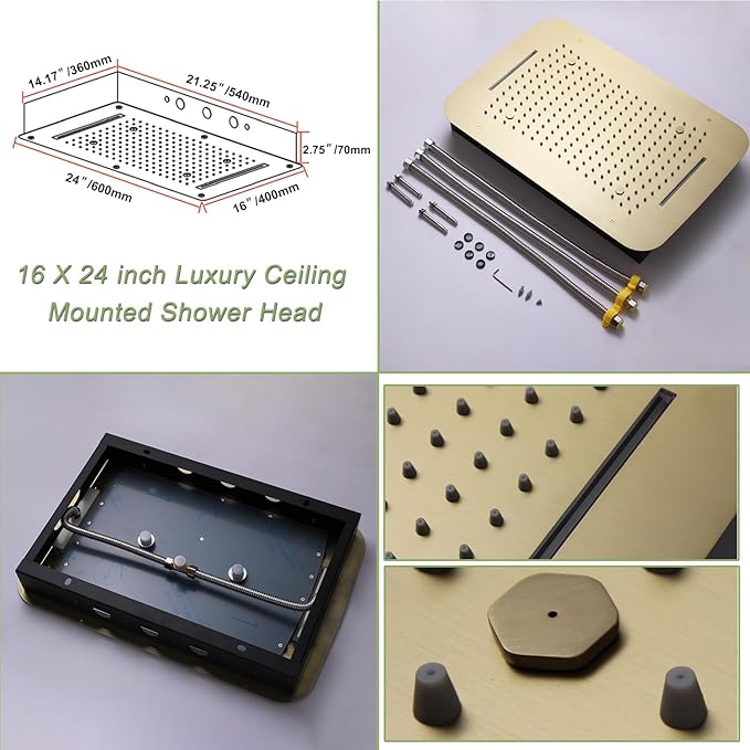 Brushed Gold 16X24 inch Ceiling Mounted Shower Head Set, Digital Display Shower - Image 7