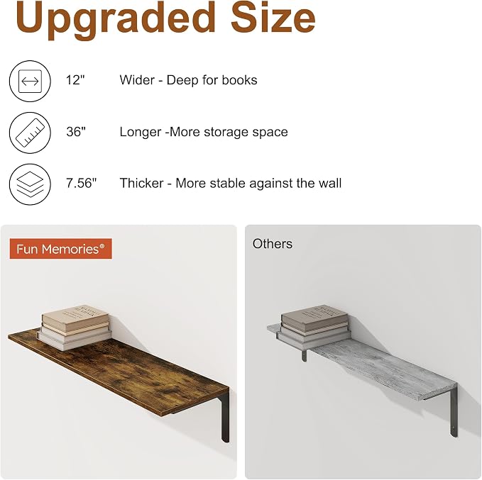 36 Inch Floating Shelves Wall Mounted, 12 Inch Deep Wall Shelves - Image 5