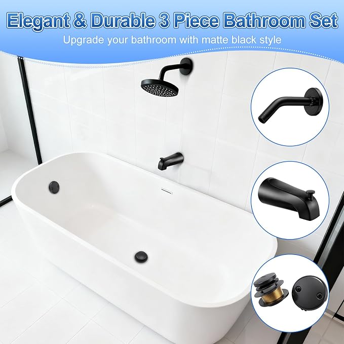 3 Piece Bathroom Fixture Set in Matte Black Shower Arm - Image 7