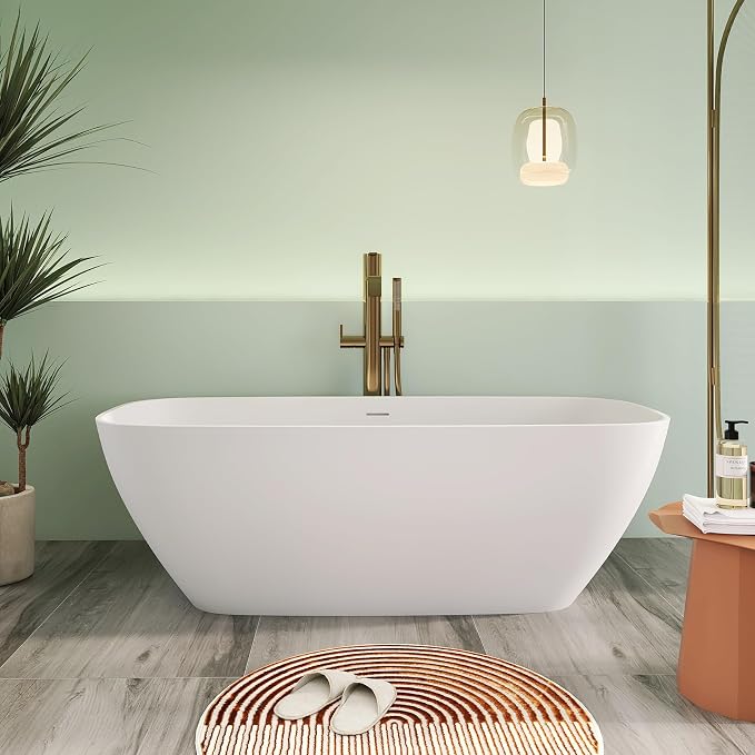 67" Premium Solid Surface Freestanding Bathtub, Upgraded Modern Design Stand by HIGEINE