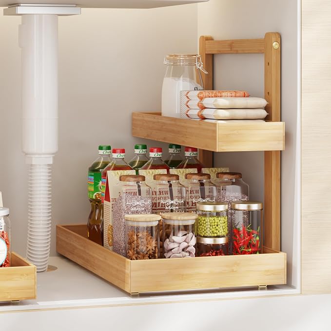 Bamboo Under Sink Organizer and Storage, 2 Tier Pull Out Cabinet Organizer by Unknown