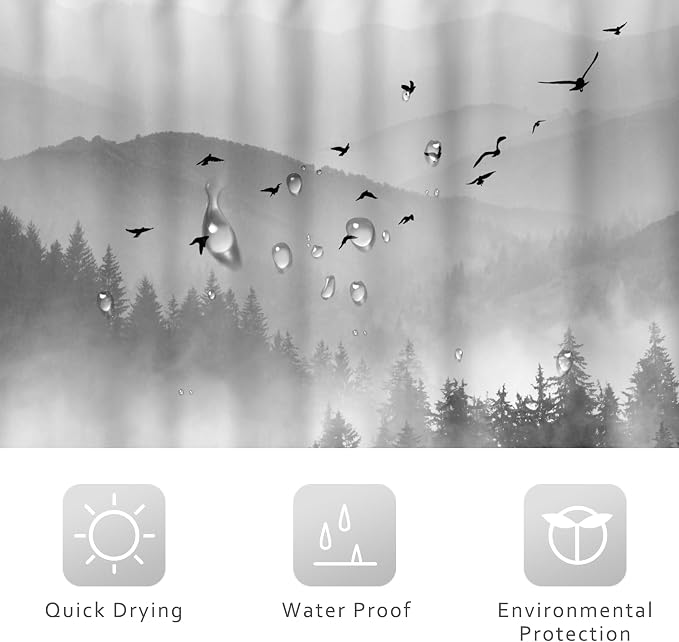Riyidecor Mountain Shower Curtain 60Wx72H Inch Black Pine Tree Nature Scenery - Image 5