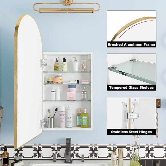 FKWin Arched Gold Bathroom Medicine Cabinet - Image 4