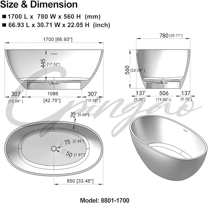 Cpingao 67" Freestanding Bathtub, Oval Shaped Stone Resin Freestanding Tubs - Image 6