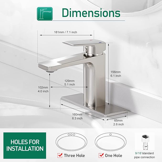 VOTON Bathroom Faucet Brushed Nickel Single Handle Bathroom Faucet 1 or 3 Hole - Image 6