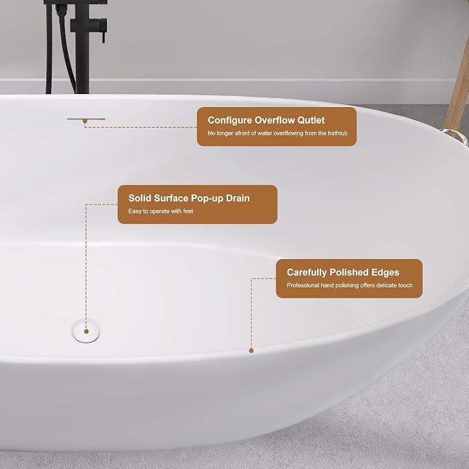 SJ STAR&JANE 73" Solid Surface Freestanding Bathtub Stone Resin Tub Oval Double - Image 6